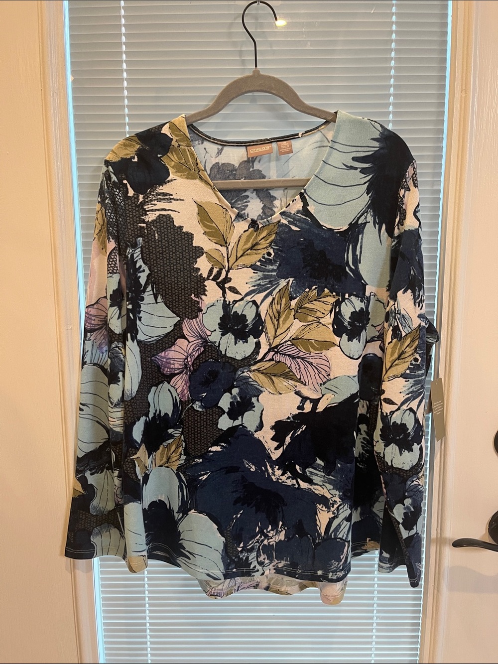 Chico's Navy, Light Blue and Olive Floral V-Neck Long Sleeve Top
